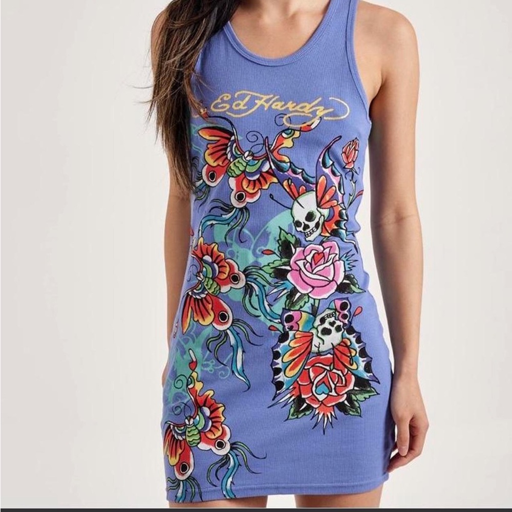 Ed Hardy Butterflies Rib Tank Dress in Pale Blue. Size XL. - Picture 2 of 12